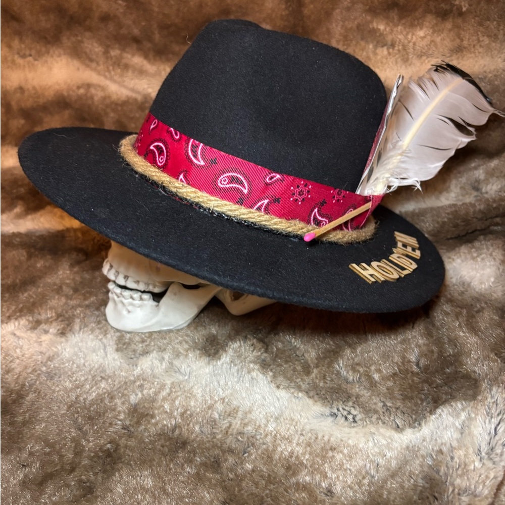 Black Hat with Red Band and Feather